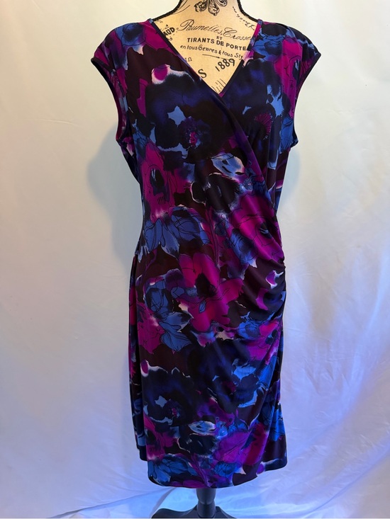 Chaps Dresses & Skirts - Chaps Purple and Blue Floral Faux-Wrap Midi Dress